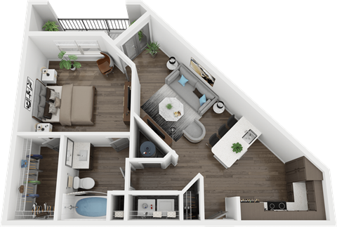 A 3D floor plan of a small apartment with a kitchen, living room, and bathroom.